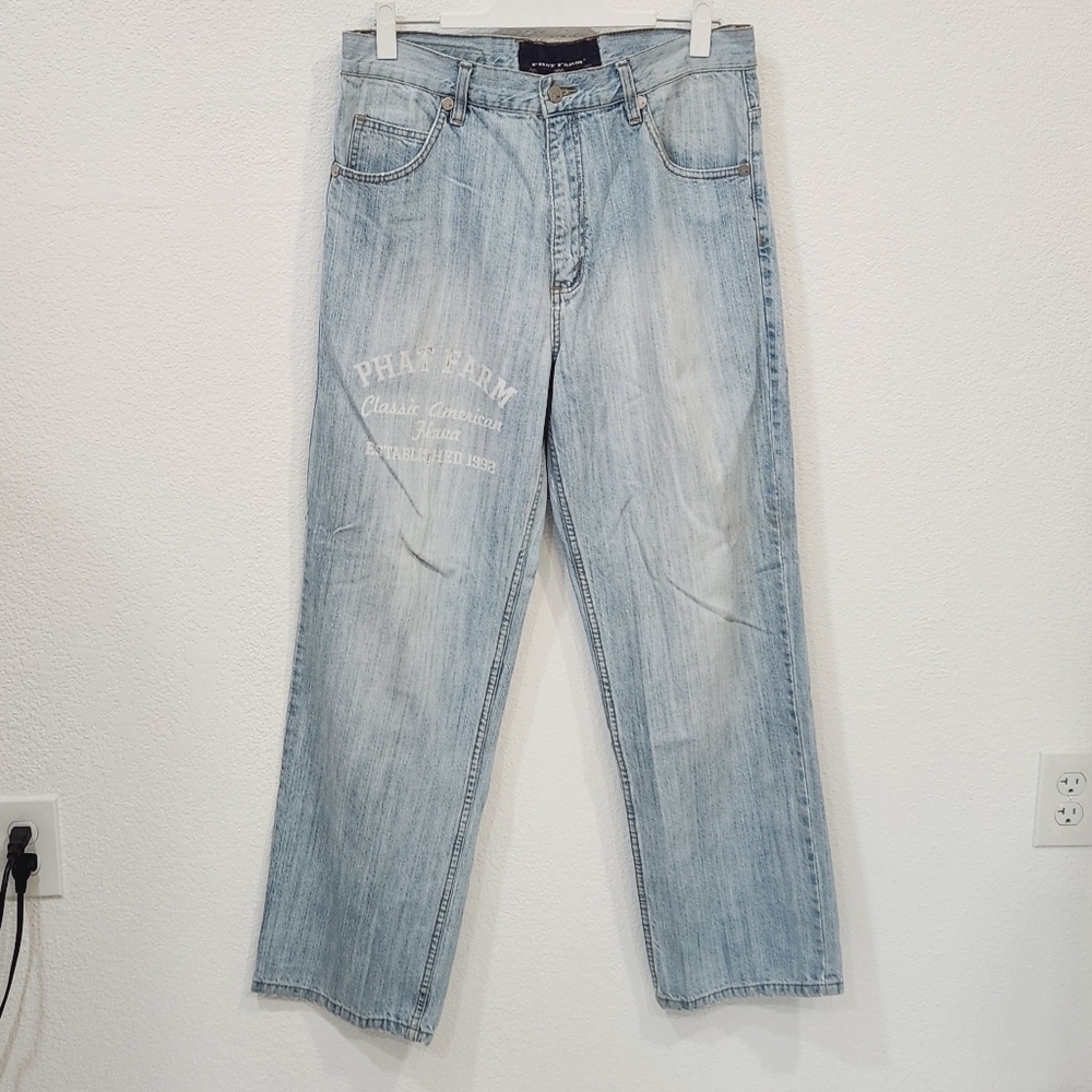 PHAT Farm Y2K Baggy Wide Pipe Leg Skater Light Blue Denim Mens Jeans 34x33